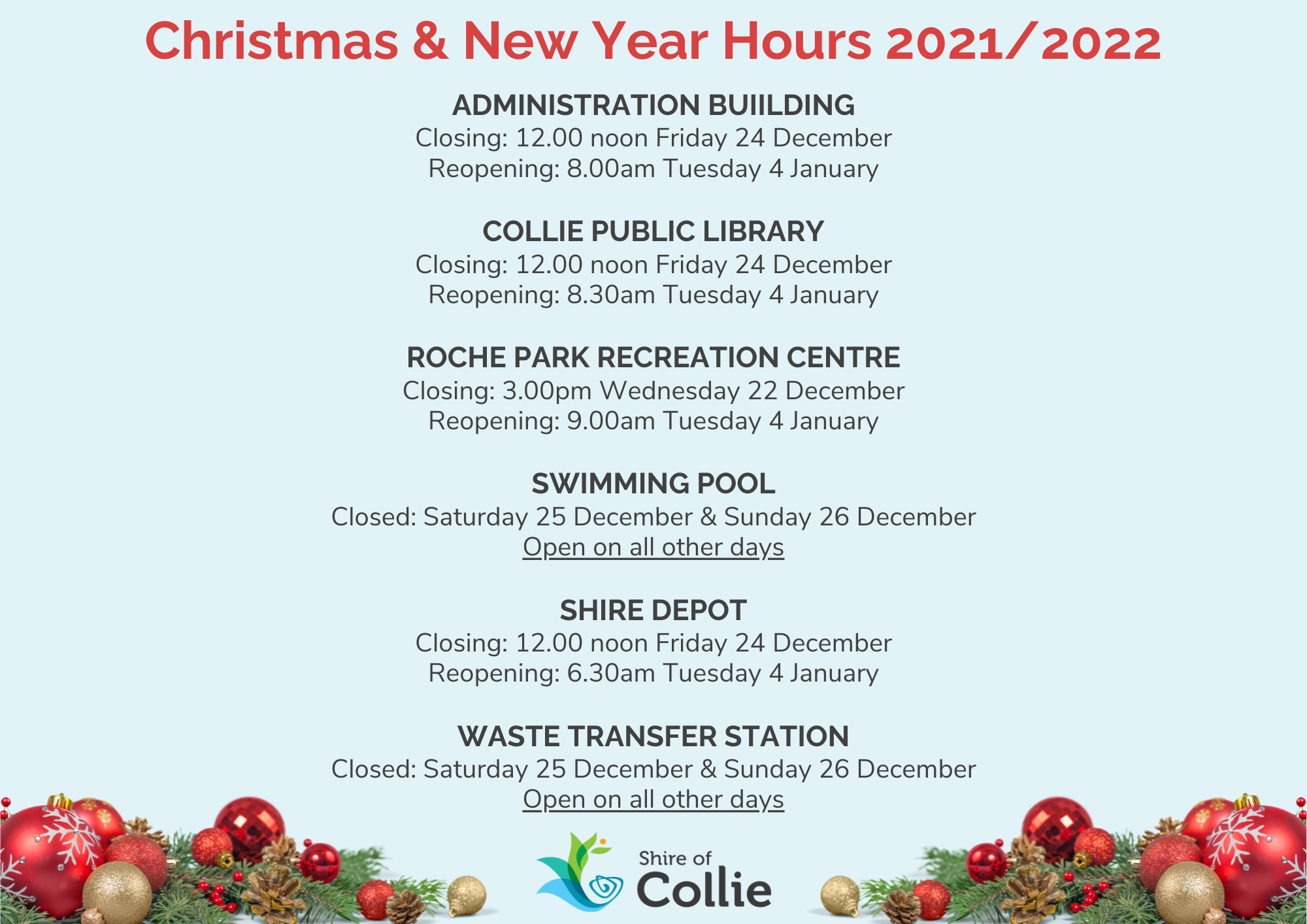 Christmas At The Station 2022 2021 Christmas & New Year Hours | Shire Of Collie